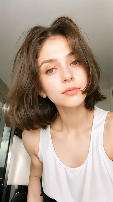 a close up of a woman with a black tank top and a hair brush, with short hair, 🤤 girl portrait, 19-year-old girl, chin-length hair, white hime cut hairstyle, short brown hair and large eyes, kailee mandel, the hime cut, mid - length hair, pale-skinned pers...