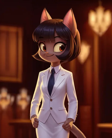 woman, (DeTailed face), (Alone:1.1), [(thin:1.1) :  small petite  : (ivy pepper):4], (DeTailed face), (more deTails, deTailed background:1.1), (Tail:1.1), smile, Holding a glass,  White skirt suit,  suit and tie , ((( three-piece suit ))), silk dress shirt...