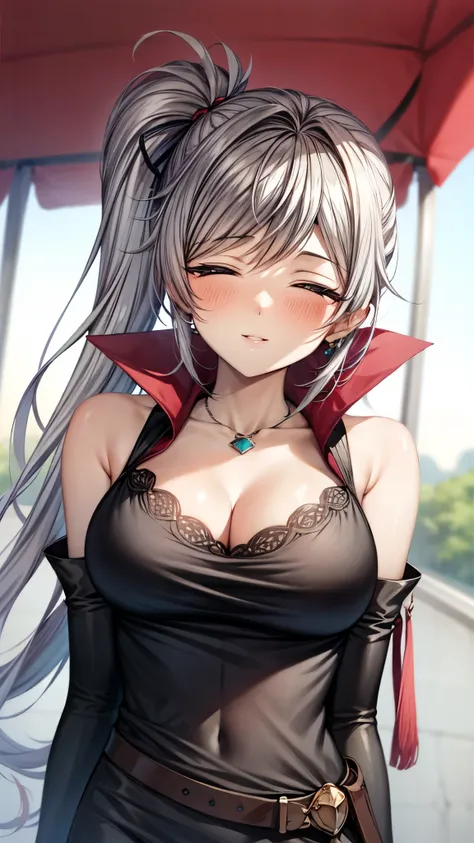 （ super quality, ultra high resolution,16k,super masterpiece,Ultra HD , detailed shading and background,）Upper body shot, sexy girl ,Long silver hair, side ponytail,Luxurious necklace, earrings,sexy sleeveless black dress, cleavage, white long gloves,blush...