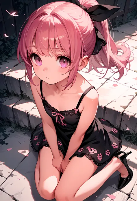 score_9, score_8_up , score_7_up ,source_anime,1cute girl, pink hair,  pattern , ponytail, black ribbon,  Medium,  black camisole,pink eyes, black high heels,dynamic angle