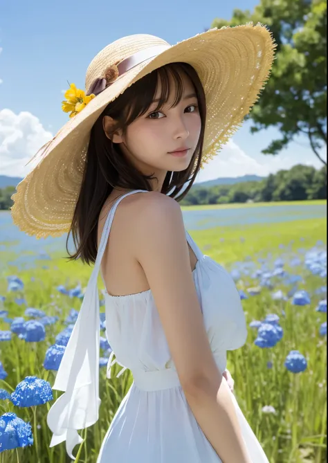 sexy sensual japanese girl, white dress, straw hat, in Nemophila meadow