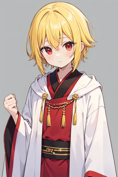  anime guy with yellow hair and red eyes wearing a ragged white robe,  hairstyle is the center part、 no background,ボロい白のローブを着ている、 standing picture