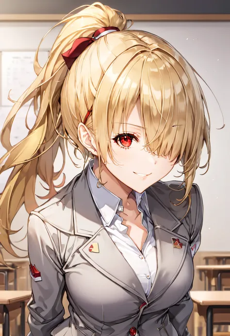  Masterpiece,  top quality, As a female teacher, Keep quiet, smile, length_ponytail wavy tip , (((Hair on one eye)))、((( blond hair))),( red eyes),(Tsukika Kayamori) , wearing a gray blazer as a female teacher , Wearing a short skirt,  detailed beautiful e...