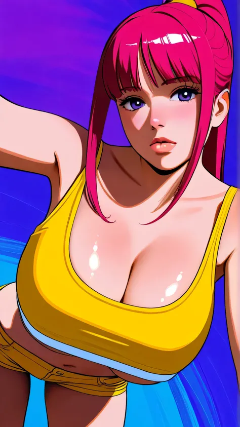 master piece:1.5、(minimal art, line drawing), 1girl,solo，Blue Background，huge breasts, crop top, short shorts, underboob, High Ponytail，Unbelievably long hair，cowboy shot , looking at viewer，Simple style，wide angle, Dynamic Angle，(bangs_pinned_back:1.5),(h...