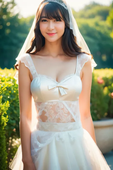 (Light tulle sheer wedding dress, wedding veil, pantyhose with white lace ruffles, white lace ruffle garter belt), chubby face, looking at camera, front view, black hair, long hair, bangs, (detailed face), at garden, tempting pose, potrait body, mouth clos...