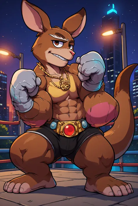 a giant muscular boxing kangaroo, big silver and gold boxing gloves, golden necklace with a red jewel, golden champions belt muscular body,blue and white shorts, big cartoon eyes, long tail, big ears, (best quality,4k,8k,highres,masterpiece:1.2),ultra-deta...