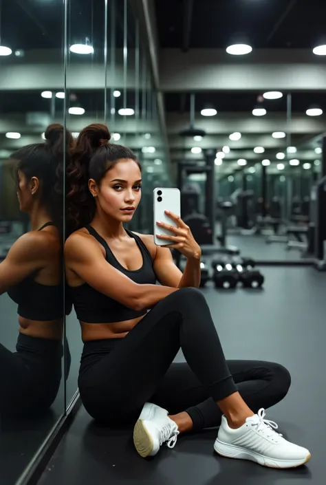 The woman in the photo, with a dark body and wavy dark brown hair, is sitting on the floor of a modern gym, leaning against a large wall mirror. She is wearing a black sports outfit consisting of a tight top and leggings, along with white sneakers. Her hai...