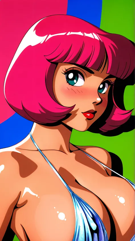 master piece:1.5、(minimal art, line drawing), 1girl,solo，asian girl, pink hair, teal eyes, solo, bob cut, short hair, portrait, closed mouth, bangs, blunt bangs, red lips, shiny skin, huge breasts, cleavage, plunging neckline, style retro classic, illustra...