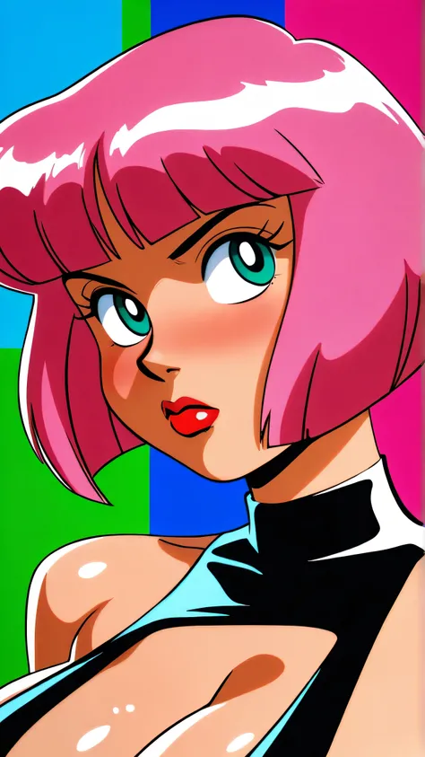 master piece:1.5、(minimal art, line drawing), 1girl,solo，asian girl, pink hair, teal eyes, solo, bob cut, short hair, portrait, closed mouth, bangs, blunt bangs, red lips, shiny skin, huge breasts, cleavage, plunging neckline, style retro classic, illustra...