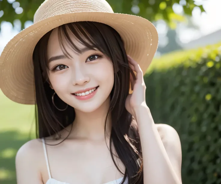 8k, RAW photo, best quality, masterpiece, realistic, photo-realistic, clear, professional lighting, beautiful face, best quality, ultra high res, a woman wearing a hat and smiling for the camera, girl, dau-al-set , a stock photo