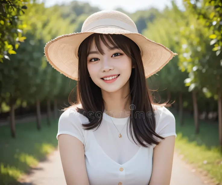 8k, RAW photo, best quality, masterpiece, realistic, photo-realistic, clear, professional lighting, beautiful face, best quality, ultra high res, a woman wearing a hat and smiling for the camera, girl, dau-al-set , a stock photo