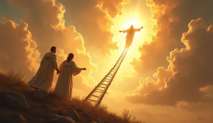 Believe me Enoch being taken by God to heaven enos walking up a symbolic ladder to heaven by the hand of God a heavenly being shining on his back both