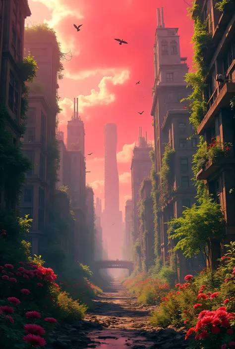 A CITY AFTER AFTER A NATURAL DISASTER, RED COLOR ATMOSPHERE IN THE AIR,  JUNGLE TAKING OVER, COLORFUL FLOWERS, BIRDS FLYING