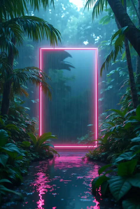 jungle forest, neon, a little fog. In the center of the composition is a large mirror. Rain. Ultra realistic, 4K. It's a cover for a DJ mix