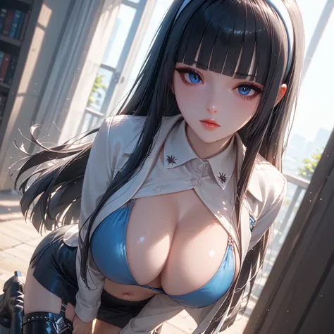 ((Gray Hair))、(black inner hair),  top quality、 (dynamic angle, face focus, looking side), (  professional lighting without shadows  )、  surreal, (Nipples:0.4),  is fascinating、 figure like a slender supermodel、 1 girl,, ( big breasts, Belly button exposed...