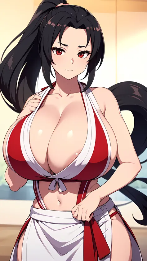 masterpiece, best quality, Ultra-high resolution, Beautiful and fine hair，Delicate face, Perfect female face, Double ponytail hairstyle, Black Hair, (:1.4), Breast sagging, Huge cleavage，Mai Shiranui&#39;Costumes in the King of Fighters game, Hair accessor...