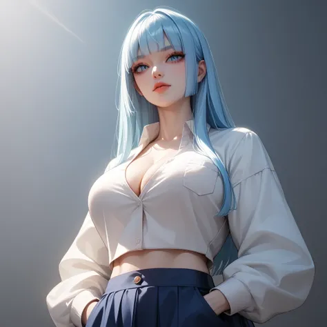 Light blue hair、 Top Quality、 Masterpiece、( professional lighting )、  surreal、 (Nipples:0.4), is fascinating、 figure like a slender supermodel、 1 girl, (dynamic angle, face focus, looking side), (slightly larger breasts, midriff peek ), ( flat at honny , o...