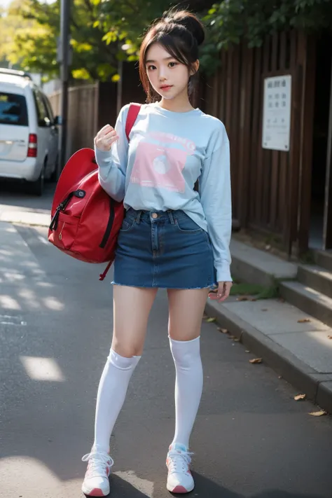 (   photorealistic、 Top Quality 、   Hi-Res、   RAW Photo )、 (   full body,  perfect details）,    natural light:1.2、   female elementary school student:1.2,pink over the knee high socks:1,2,denim flared miniskirt,light blue sleeve t-shirt, sneakers, red back...