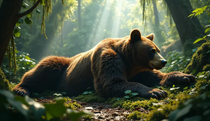 A big bear killed by gunshot in the jungle full picture realistic and 4k quality and shiny and cinematic 