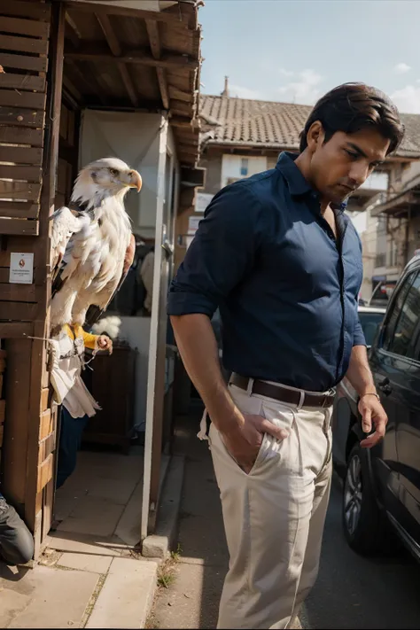 A man with super eagle in side by side