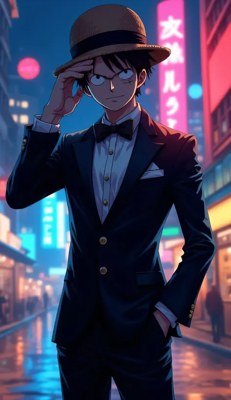 "A high-quality digital illustration of Monkey D. Luffy from One Piece wearing a sleek black tuxedo with a white dress shirt and a black bow tie. He has a confident and playful smile, standing with one hand in his pocket and the other adjusting his hat. Th...