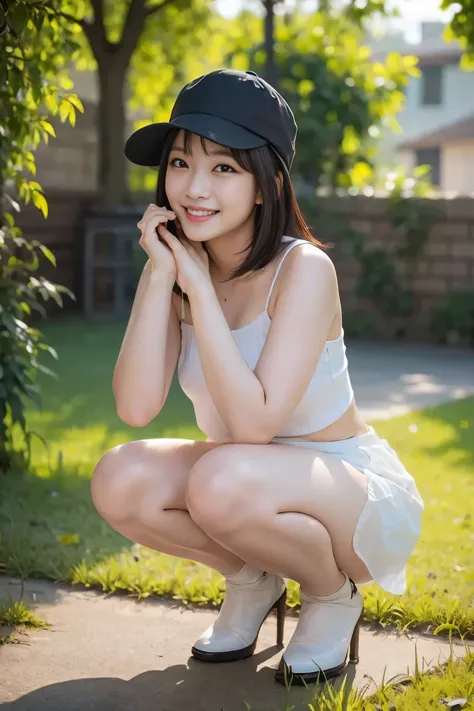 8k, RAW photo, best quality, masterpiece, realistic, photo-realistic, clear, professional lighting, beautiful face, best quality, ultra high res, (a girls::squat, wearing a hat and smiling for the camera), girl, dau-al-set , a stock photo