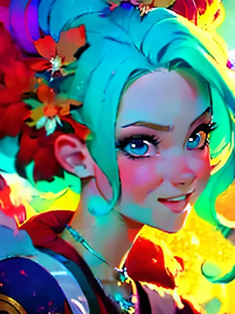 Close-up of a woman with colorful hair and necklace, anime girl with cosmic hair, Rossdraws soft vibrancy, Gouviz style artwork, fantasy art style, colorful], vibrant fantasy style, Rossdraws cartoon full of vitality, cosmic and colorful, Guweiz, colorful ...