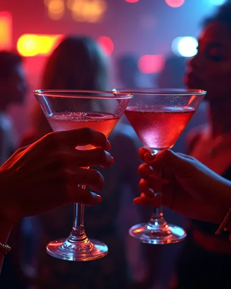 afro-latino woman hands only toasting vodka martini glasses in a nigh club realistic