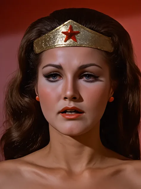8k, best quality, real picture, photo of young beautiful perfect model Lynda Carter, lost uncensored episode "The End of Wonder Woman?", her full body in the long shot, Diana Prince is attacked while working late, bare skin forhead with long smooth straigh...