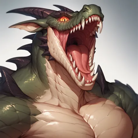 a detailed red male dragon, serpent eyes, sharp claws, menacing open mouth in front, mouth view,esophagus view , extremely detailed scales across its powerful body, deep woods background