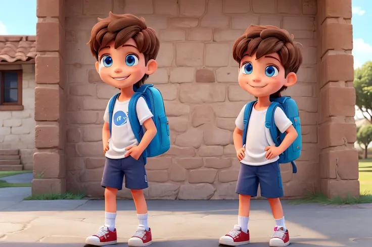  boy,  smiling,  blue eyes,  light brown hair in the Asadelta cut, wearing allstar sneakers,white blouse with blue detail , dark blue shorts,using backpack, going to school