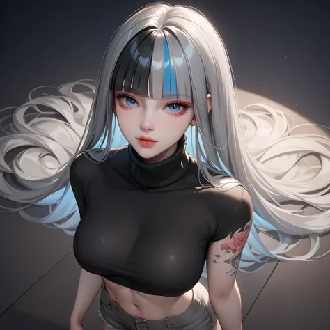 ((Gray Hair))、(Black inner hair), top quality 、 Masterpiece、( Professional Lighting )、 surreal, (Nipples:0.4), attractive、 slender supermodel 、 one girl , (from above, upper body, look at viewer), ( Slightly Bigger Breasts , midriff peek ), ( flat at honny...