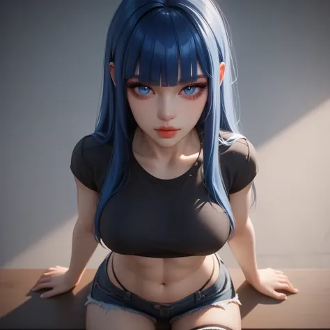  dark blue hair、 Top Quality、 Masterpiece、( professional lighting )、  surreal、 (Nipples:0.4), is fascinating、 figure like a slender supermodel、 1 girl, (from above, upper body, look at viewer), (slightly larger breasts, midriff peek ), ( flat at honny , oi...