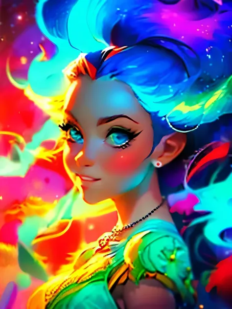 Close-up of a woman with colorful hair and necklace, anime girl with cosmic hair, Rossdraws soft vibrancy, Gouviz style artwork, fantasy art style, colorful], vibrant fantasy style, Rossdraws cartoon full of vitality, cosmic and colorful, Guweiz, colorful ...