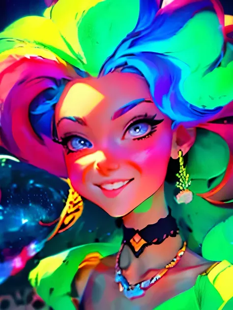 Close-up of a woman with colorful hair and necklace, anime girl with cosmic hair, Rossdraws soft vibrancy, Gouviz style artwork, fantasy art style, colorful], vibrant fantasy style, Rossdraws cartoon full of vitality, cosmic and colorful, Guweiz, colorful ...