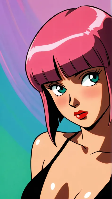 master piece:1.5、(minimal art, line drawing), 1girl,solo，asian girl, pink hair, teal eyes, solo, bob cut, short hair, portrait, closed mouth, bangs, blunt bangs, red lips, shiny skin, perfect breasts, cleavage, plunging neckline, style retro classic, illus...