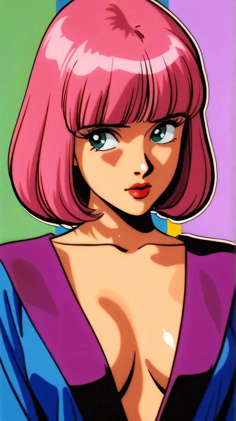 master piece:1.5、(minimal art, line drawing), 1girl,solo，asian girl, pink hair, teal eyes, solo, bob cut, short hair, portrait, closed mouth, bangs, blunt bangs, red lips, shiny skin, perfect breasts, cleavage, plunging neckline, style retro classic, illus...