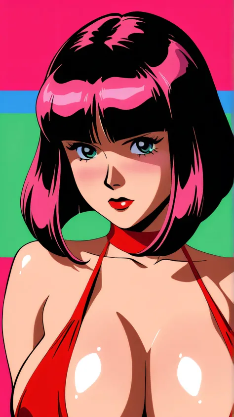 master piece:1.5、(minimal art, line drawing), 1girl,solo，asian girl, pink hair, teal eyes, solo, bob cut, short hair, portrait, closed mouth, bangs, blunt bangs, red lips, shiny skin, huge breasts, cleavage, plunging neckline, style retro classic, illustra...