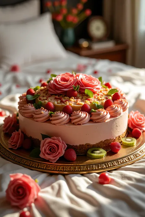 There is a beautiful large plate on the bed. Beautiful large strawberry and pistachio cake with peeled kiwi slices and strawberries The cake is decorated with creamy burgundy roses and cherries