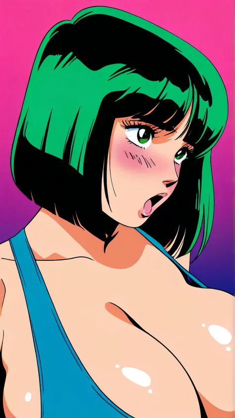 master piece:1.5、(minimal art, line drawing), city pop style, big green eyes, ahegao, vibrant,  high contrast, asian girl, colorful hair,  bob cut,  1980s Style , Retro,  vintage, Plain background, best quality, Highly detailed, Amazing work，Vitreous luste...