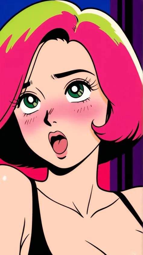 master piece:1.5、(minimal art, line drawing), city pop style, big green eyes, ahegao, vibrant,  high contrast, asian girl, colorful hair,  bob cut,  1980s Style , Retro,  vintage, Plain background, best quality, Highly detailed, Amazing work，Vitreous luste...