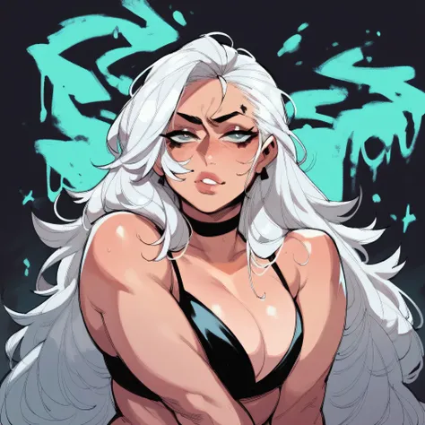 sexy woman; white hair; long hair; big immense bobbies; black bikini; neon background; safe to work content