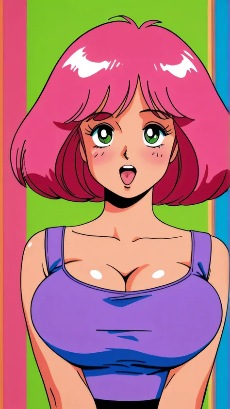 master piece:1.5、(minimal art, line drawing), city pop style, big green eyes, ahegao, vibrant,  high contrast, asian girl, colorful hair,  bob cut,  1980s Style , Retro,  vintage, Plain background, best quality, Highly detailed, Amazing work，Vitreous luste...