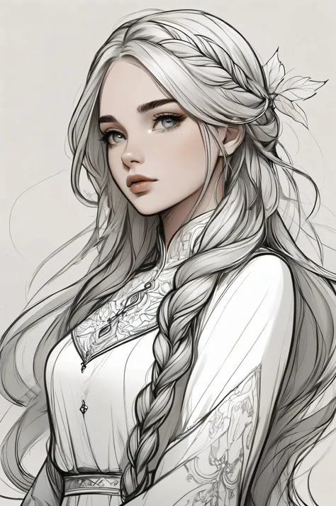 masterpiece, newest, absurdres, safe, a drawing of a girl with long braids and a white dress, lineart inspired by Charlie Bowater, fantasy art, beautiful line art, beautiful drawing style, stunning art style, black and white coloring, highly detailed illus...