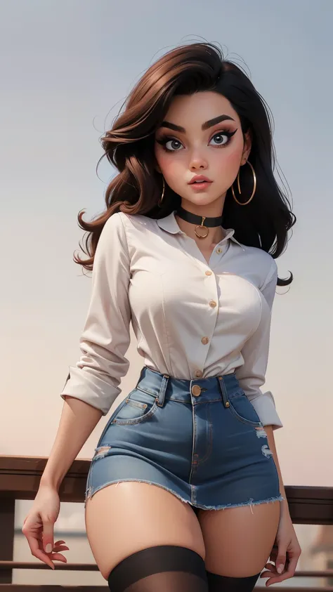 1girl,solo,(cute), makeup, (cheznut hair), (hair tubes),choker, (high quality), (best quality), sharp focus:1.2, ((masterpiece)), curvy body,narrow waist, narrow hips, narrow. (White blouse, cropped denim skirt), ( black thigh highs), (cowboy shot)