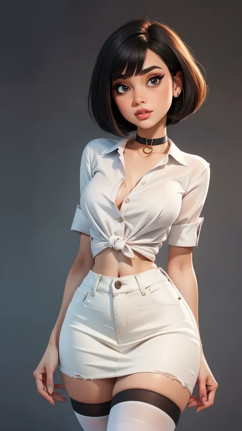 1girl,solo,(cute), makeup, (dark hair), (hair bob cut),choker, (high quality), (best quality), sharp focus:1.2, ((masterpiece)), curvy body,narrow waist, narrow hips, narrow. (White blouse, cropped denim skirt), ( black thigh highs), (cowboy shot)