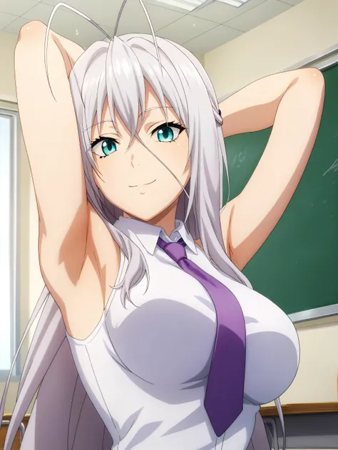 score_9, score_8_up, score_7_up, source_anime, masterpiece, best quality, amazing quality, anime screencap, 1girl, solo, dxdrosswei, antenna hair, long hair, breasts, large breasts, very long hair, aqua eyes, grey hair, white shirt, sleeveless shirt, colla...