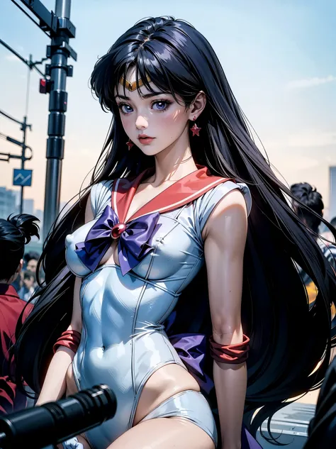 An ultra-detailed 8k manga illustration of an alluring Giantess girl of Sailor Mars, or Rei Hin. Her figure is accentuated by the sleek, flawless, porcelain-like skin, ((150 feet height)), jet-black hair flowing down her back and captivating violet eyes th...