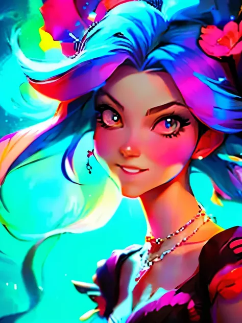 Close-up of a woman with colorful hair and necklace, anime girl with cosmic hair, Rossdraws soft vibrancy, Gouviz style artwork, fantasy art style, colorful], vibrant fantasy style, Rossdraws cartoon full of vitality, cosmic and colorful, Guweiz, colorful ...