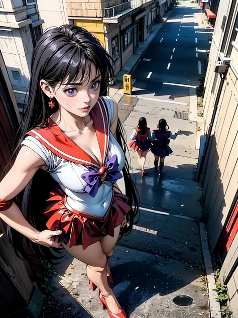 An ultra-detailed 8k manga illustration of an alluring Giantess girl of Sailor Mars, or Rei Hin. Her figure is accentuated by the sleek, flawless, porcelain-like skin, ((150 feet height)), jet-black hair flowing down her back and captivating violet eyes th...